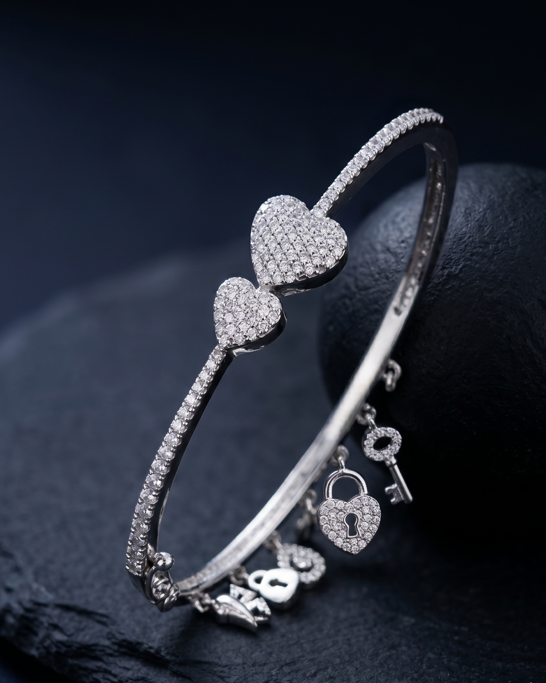 Heart Charm Diamond Look Silver Kada for Women | Elegant Openable Bracelet