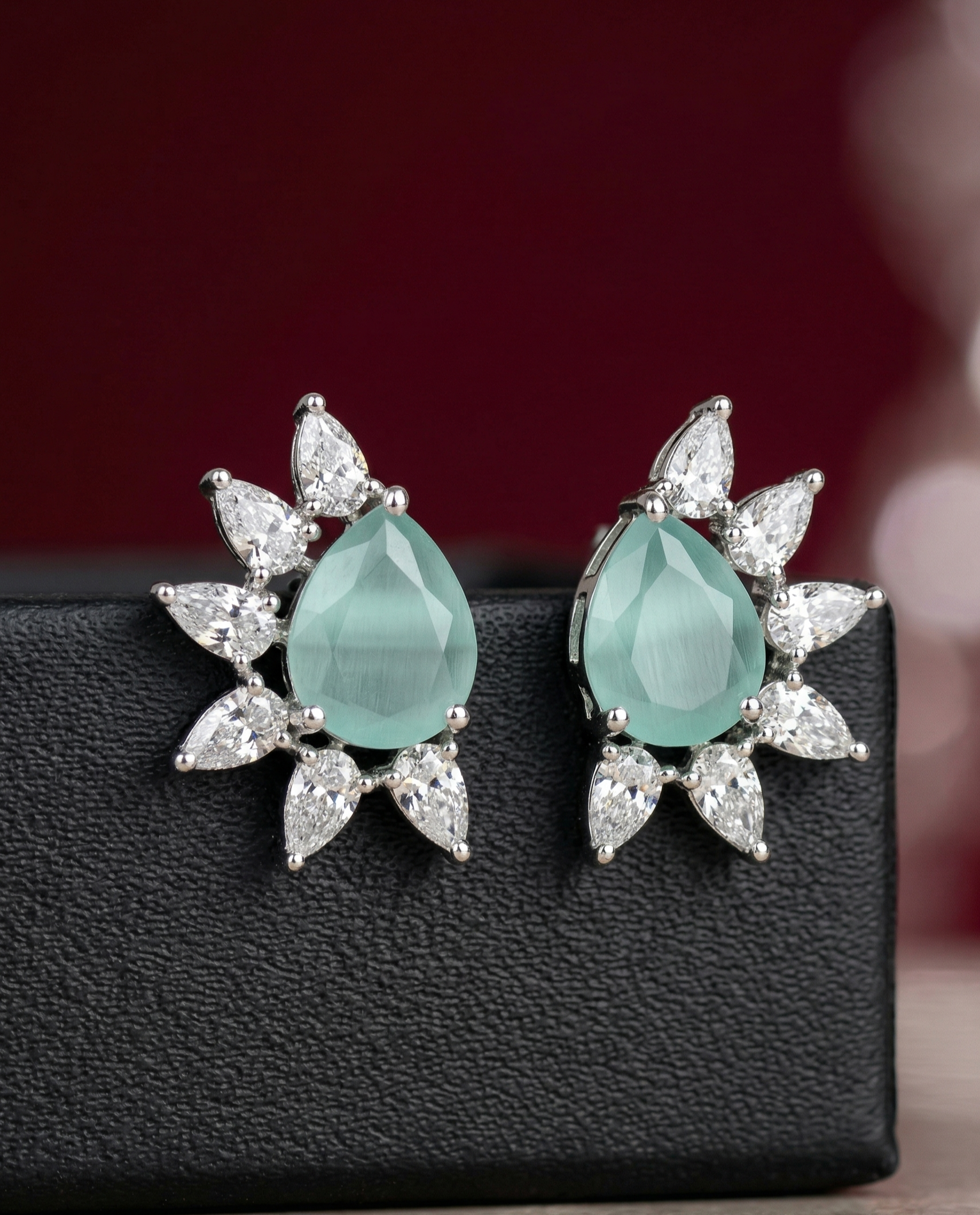 Celestia Bloom Studs – Pear Stone Diamond Floral Earrings (Multi Color Variants) - Silver Plated