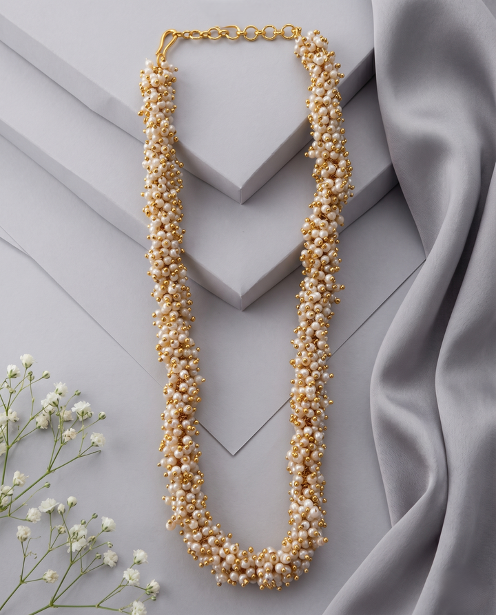 Antique Premium Pearl Mala Necklace Set In Gold  – Handmade Cluster Design