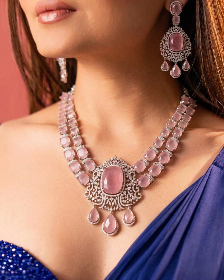 Pink Stone Diamond Necklace Set with Matching Earrings – Silver Finish