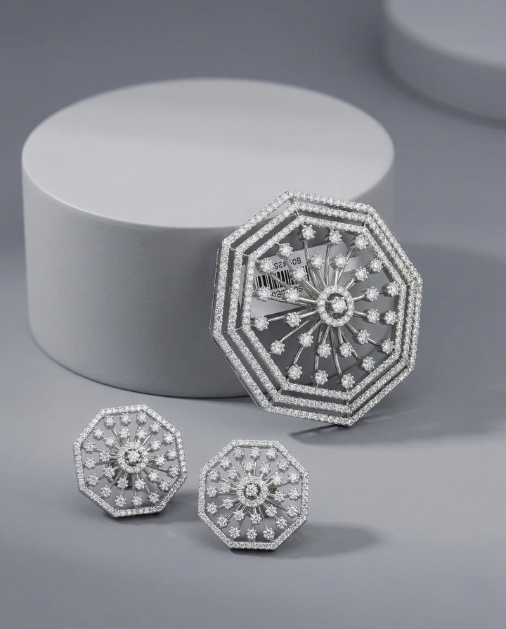 Premium Octagon Sparkle Crystal Pendant Set in Silver Plated Finish