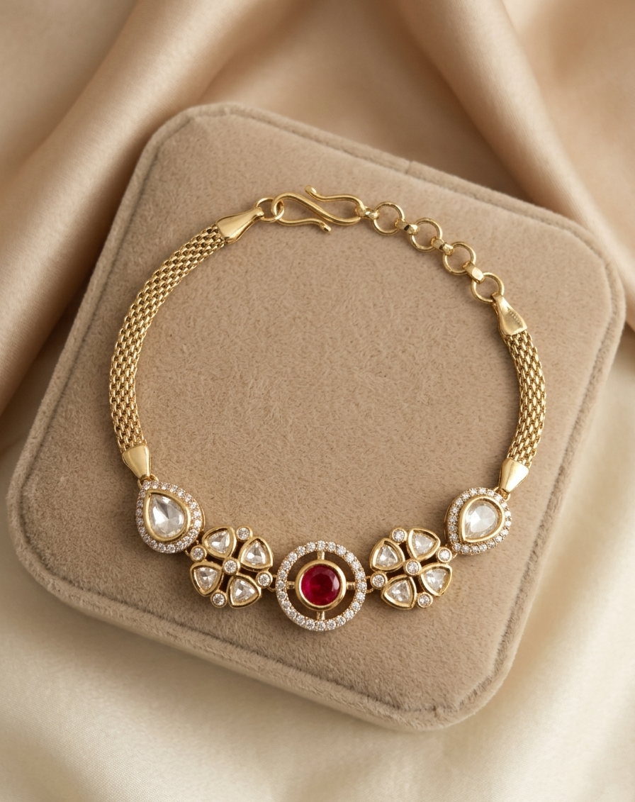 Kundan Statement Bracelet CZ – Green & Ruby Centerpiece - Mehandi Polish