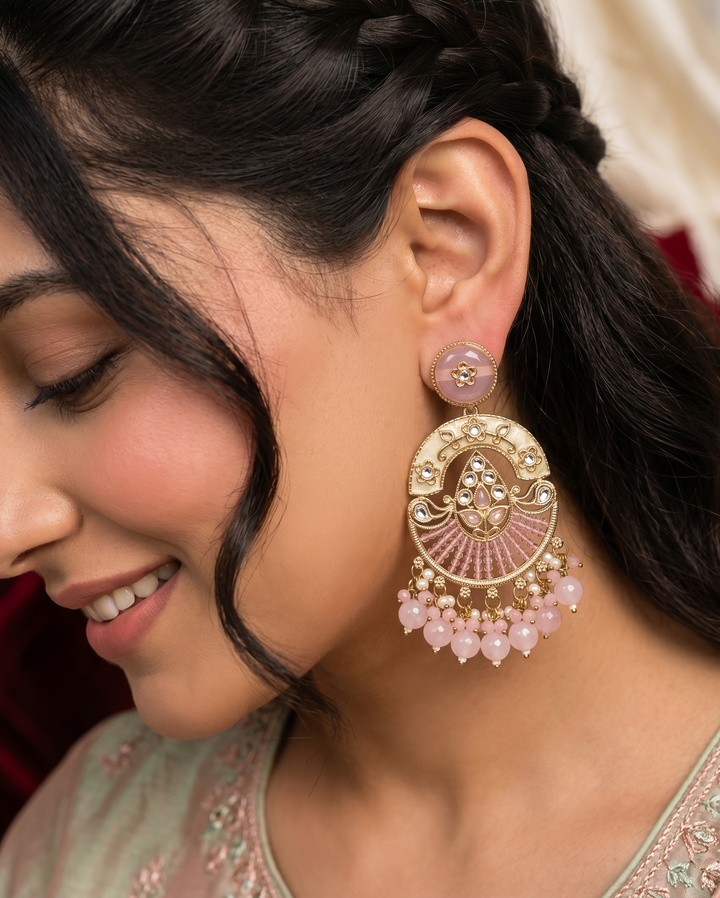 Blush Pink Kundan Chandbali Earrings with Pearl Drops (Mehandi Polish) - Lite Weight