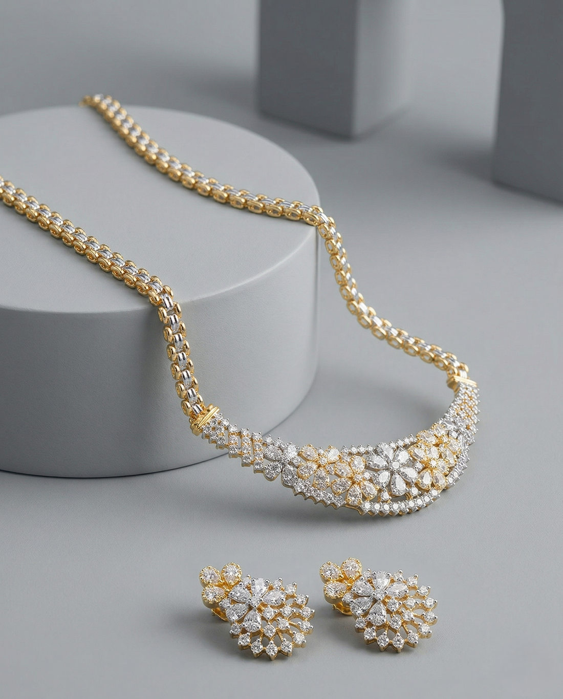 Gold & Silver Finish Diamond-Style Necklace Set for Bridal Wear