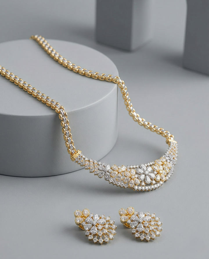 Gold & Silver Finish Diamond-Style Necklace Set for Bridal Wear