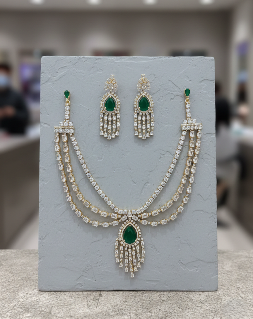 Gold Polish American Diamond Green Stone Layered Necklace Set