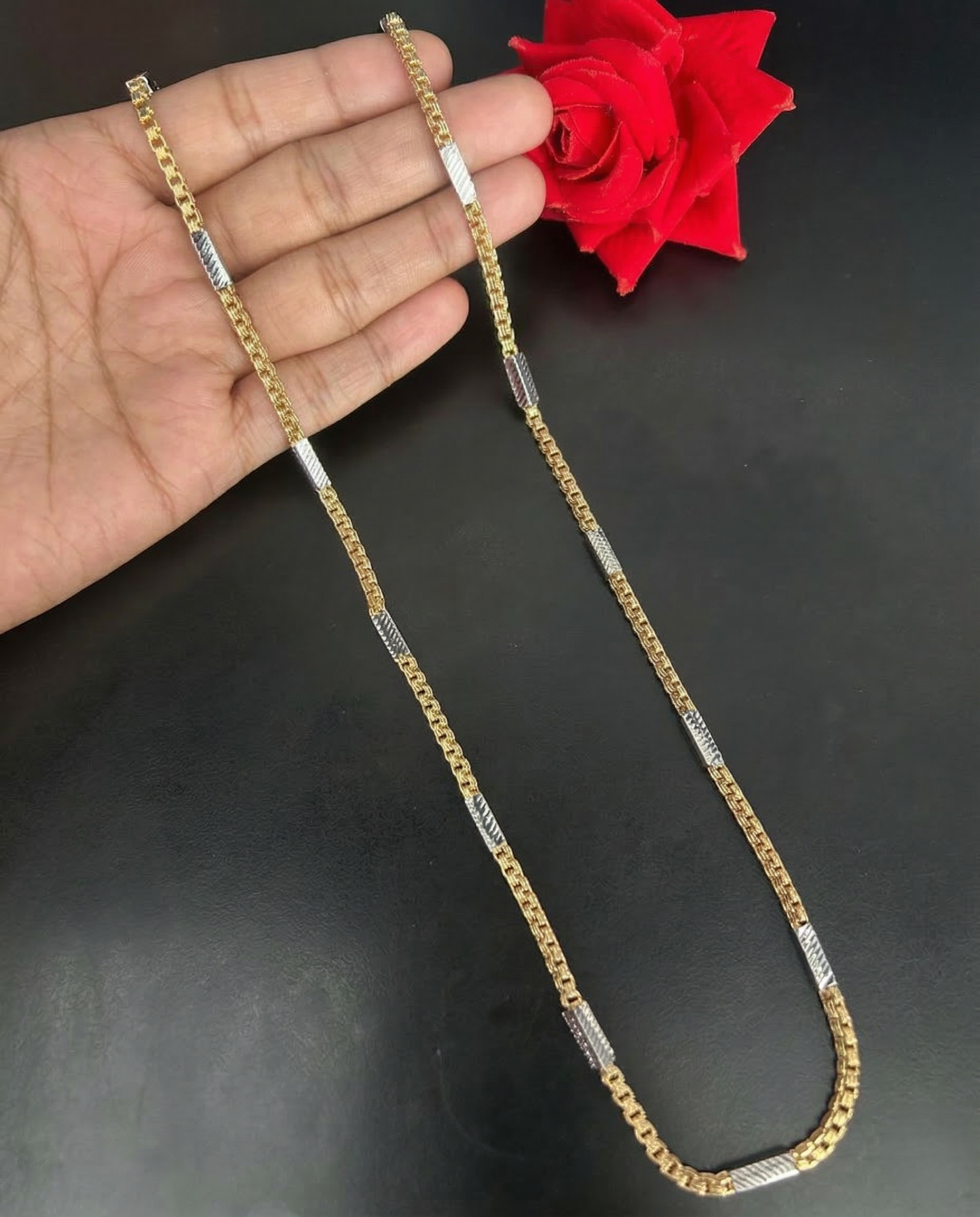 Two Tone Box Chain Necklace with Textured Bar Links | Gold Silver Long Chain for Women