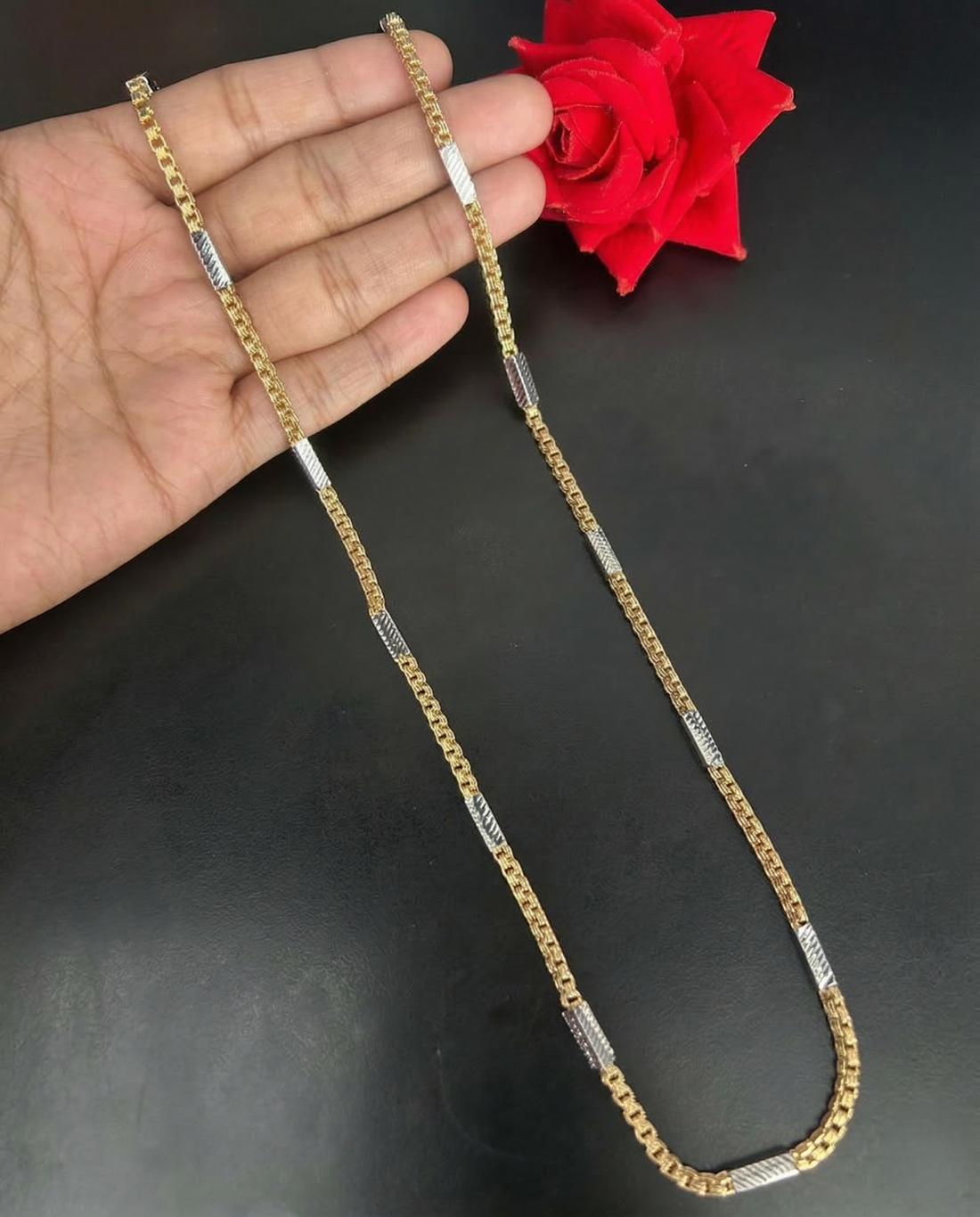 Two Tone Box Chain Necklace with Textured Bar Links | Gold Silver Long Chain for Women