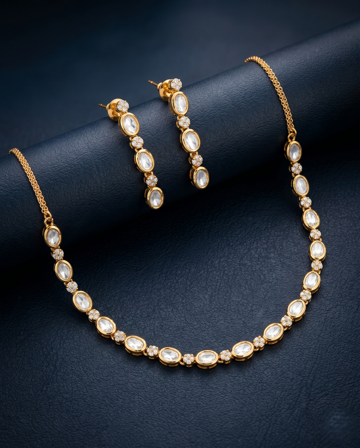 Elegant Kundan Necklace Set with Earrings – Minimal Gold Finish Jewellery