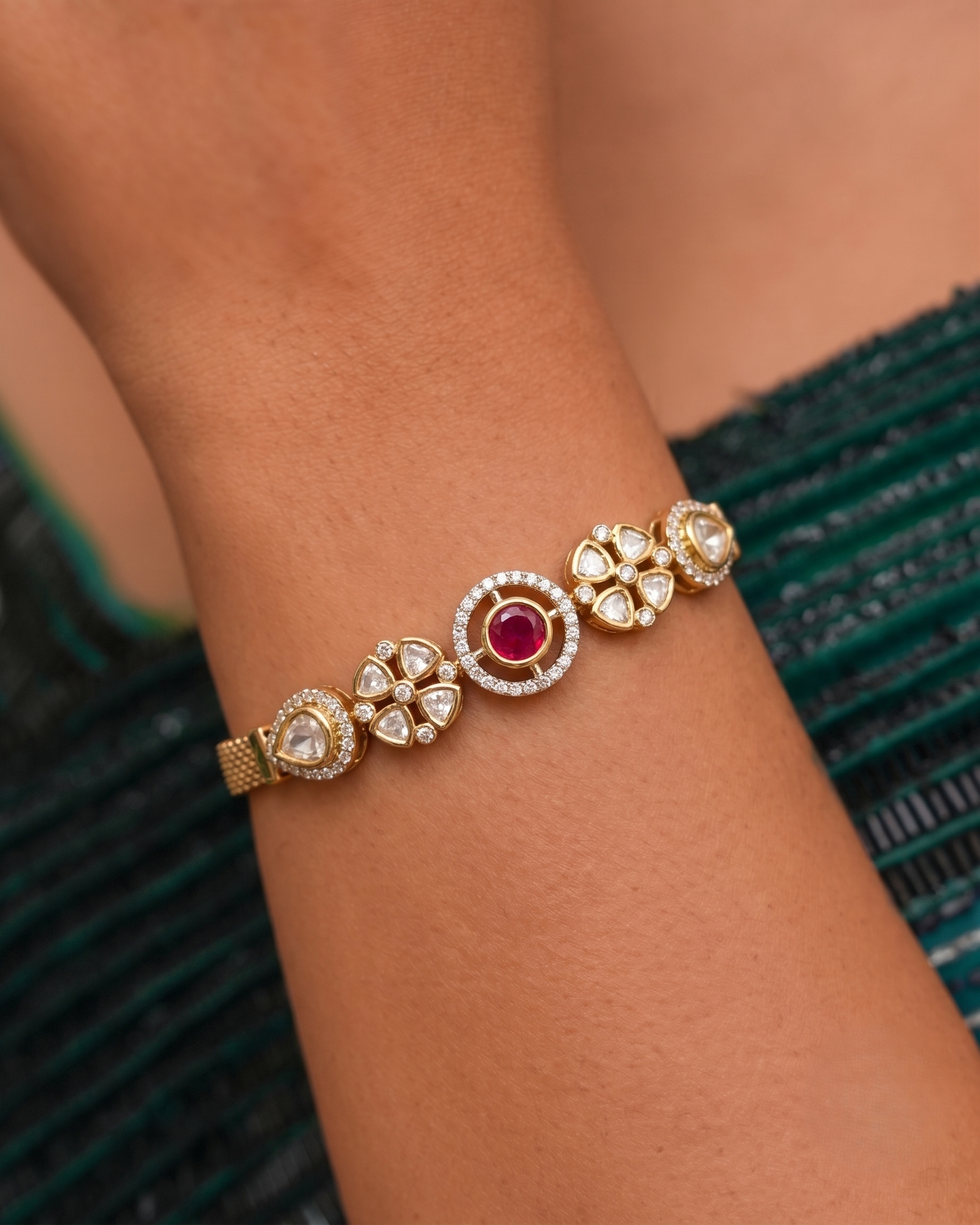Kundan Statement Bracelet CZ – Green & Ruby Centerpiece - Mehandi Polish