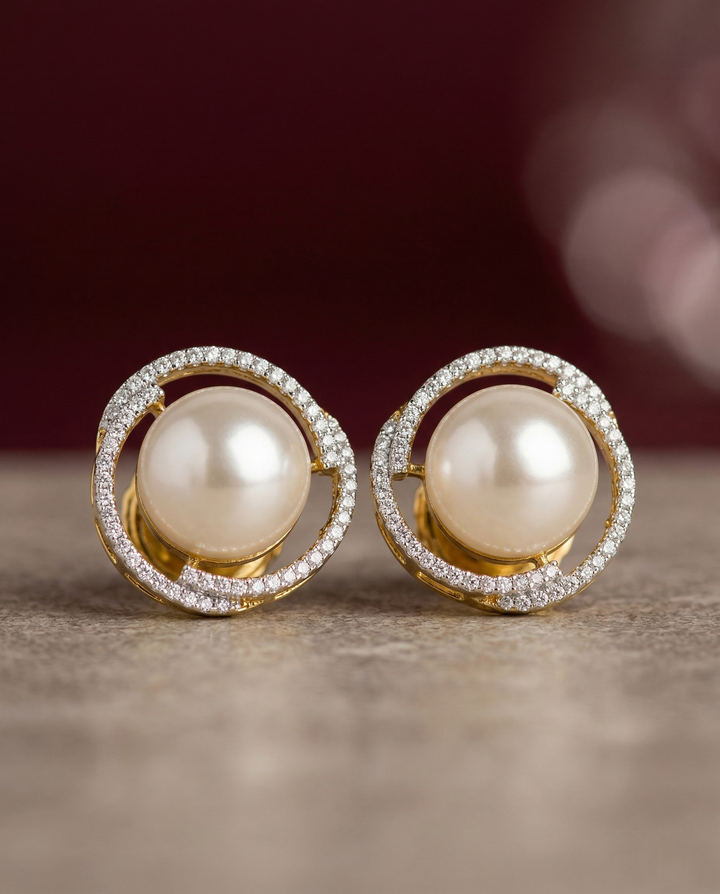 Lunara Pearl Halo Studs – Round Pearl Diamond Circle Earrings in Gold Finish