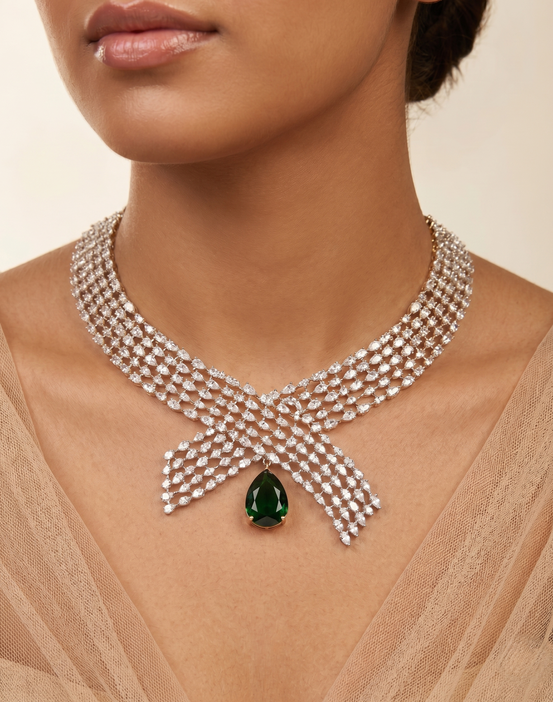 Silver Finish Diamond Look Statement Necklace Set with Green Drop Earrings