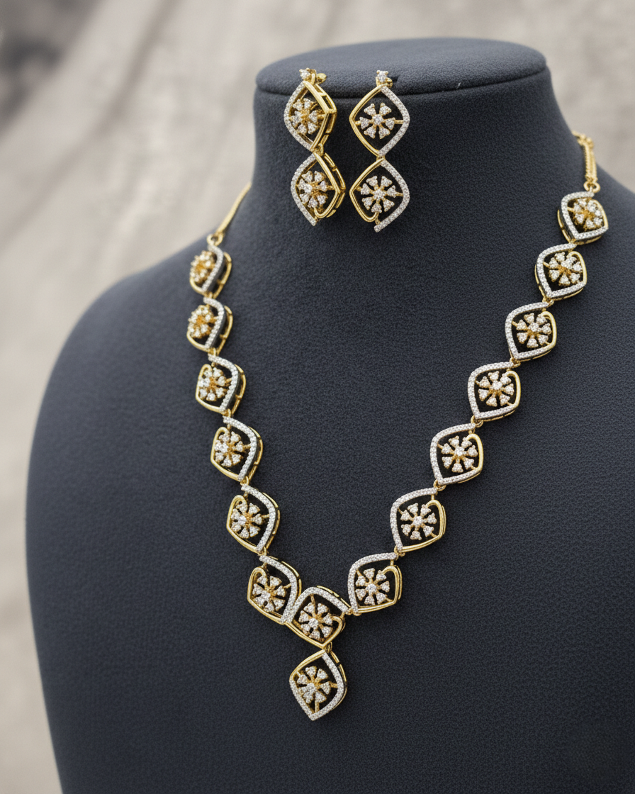 Geometric Floral Diamond Style Gold Finish Necklace Set with Matching Earrings