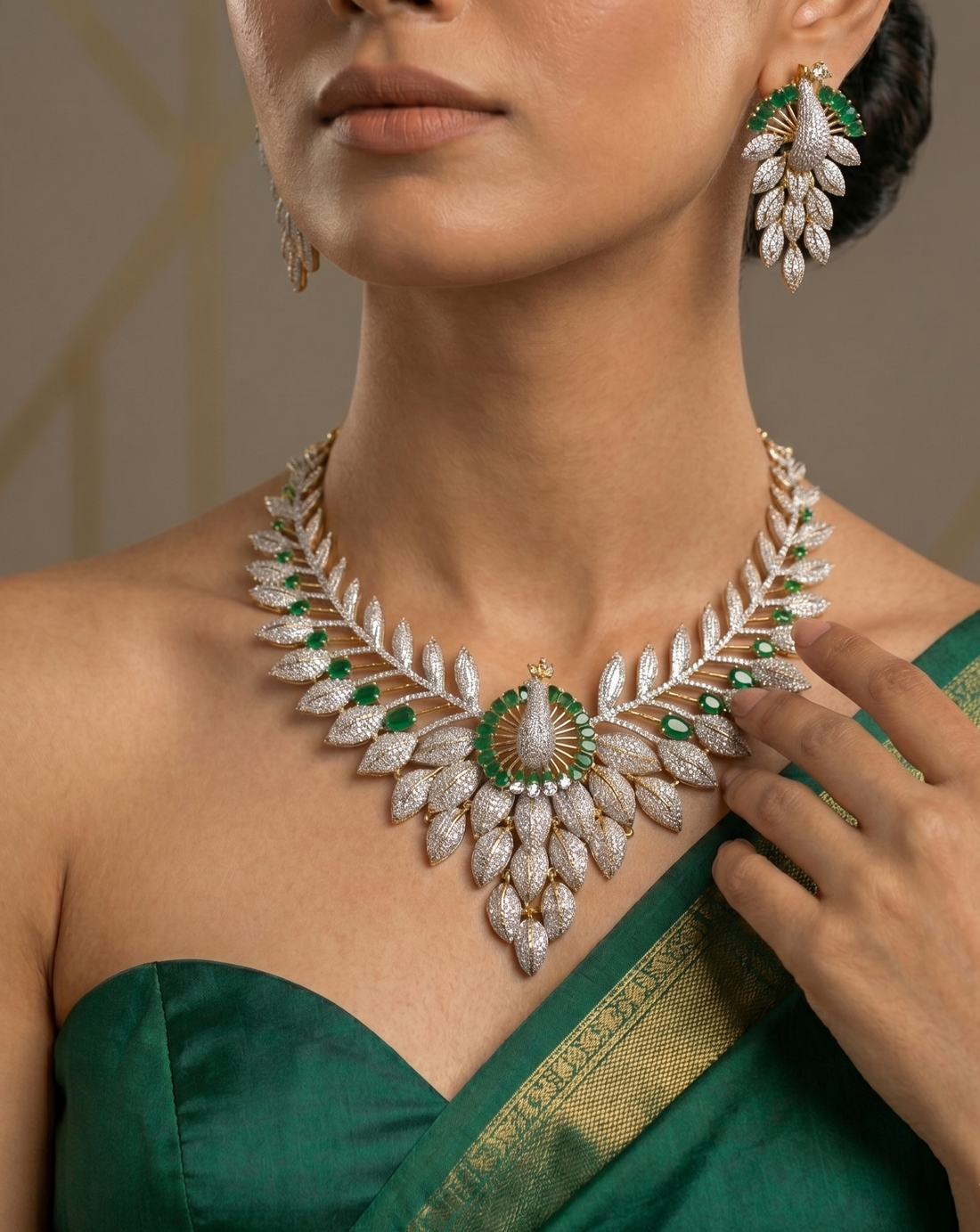 Green Emerald Leaf Pattern Diamond Style Necklace Set with Earrings