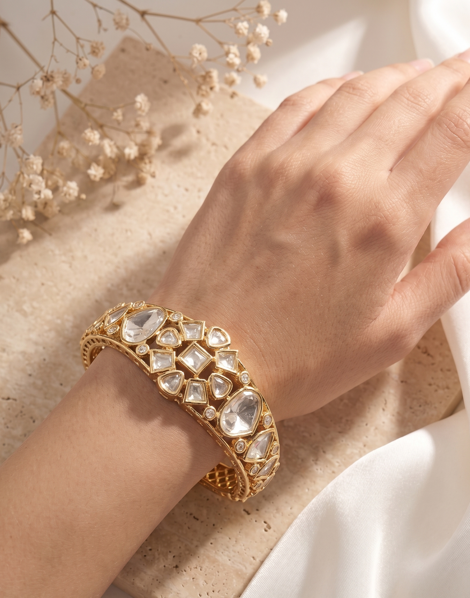 Rajnidhi Polki Gold Tone Openable Braclete For Women