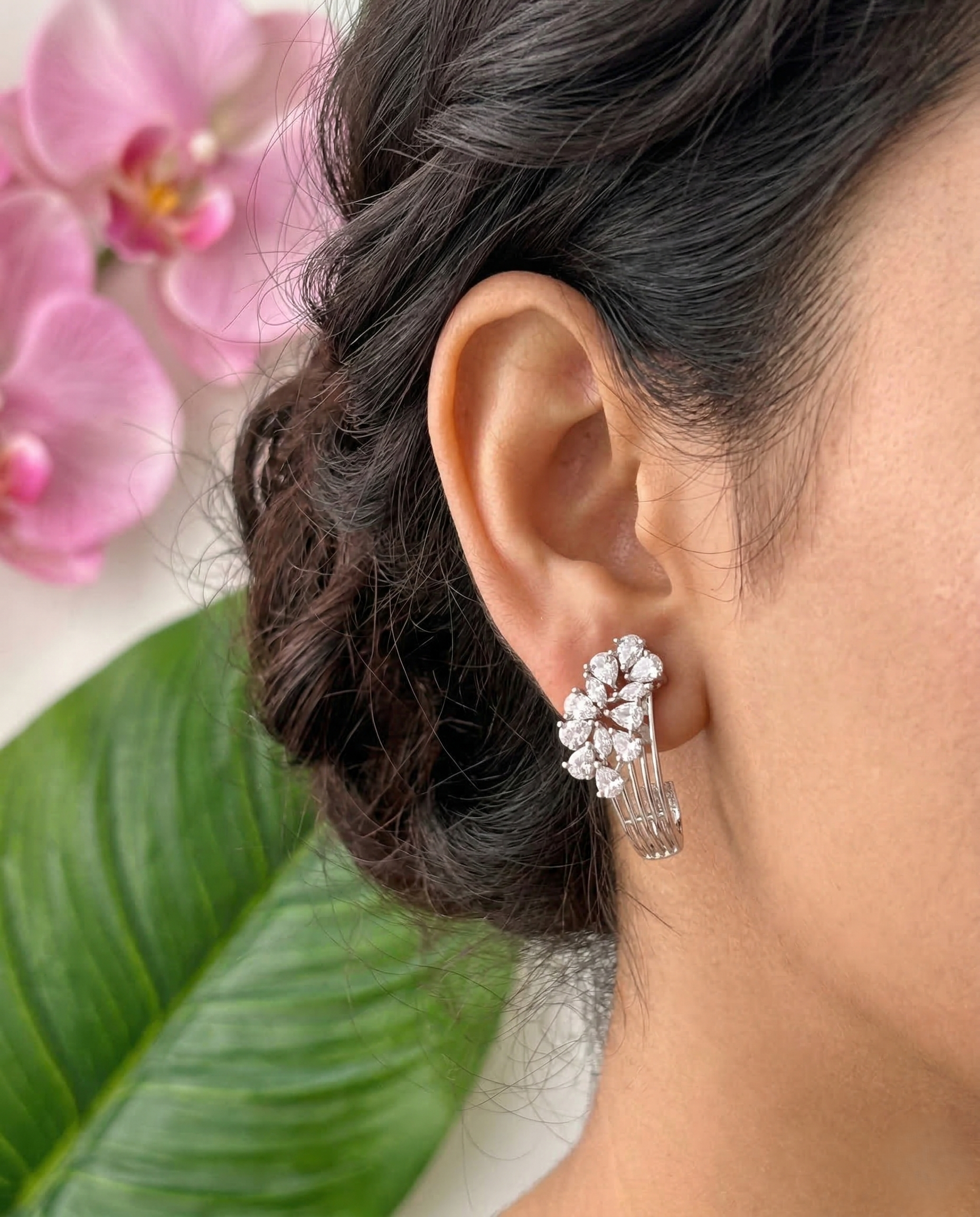 Premium Gold Plated & Silver Half Hoop Earrings With Stone Design for Women