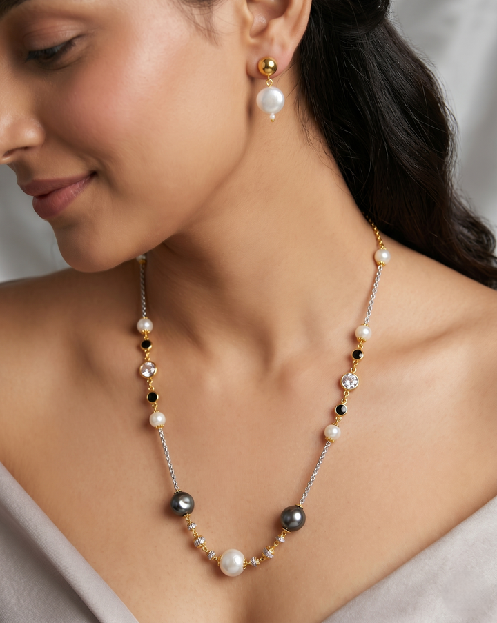 Handmade Baroque Pearl, Grey Pearl & Black Onyx CZ Mala Necklace Set with Matching Baroque Pearl Earrings