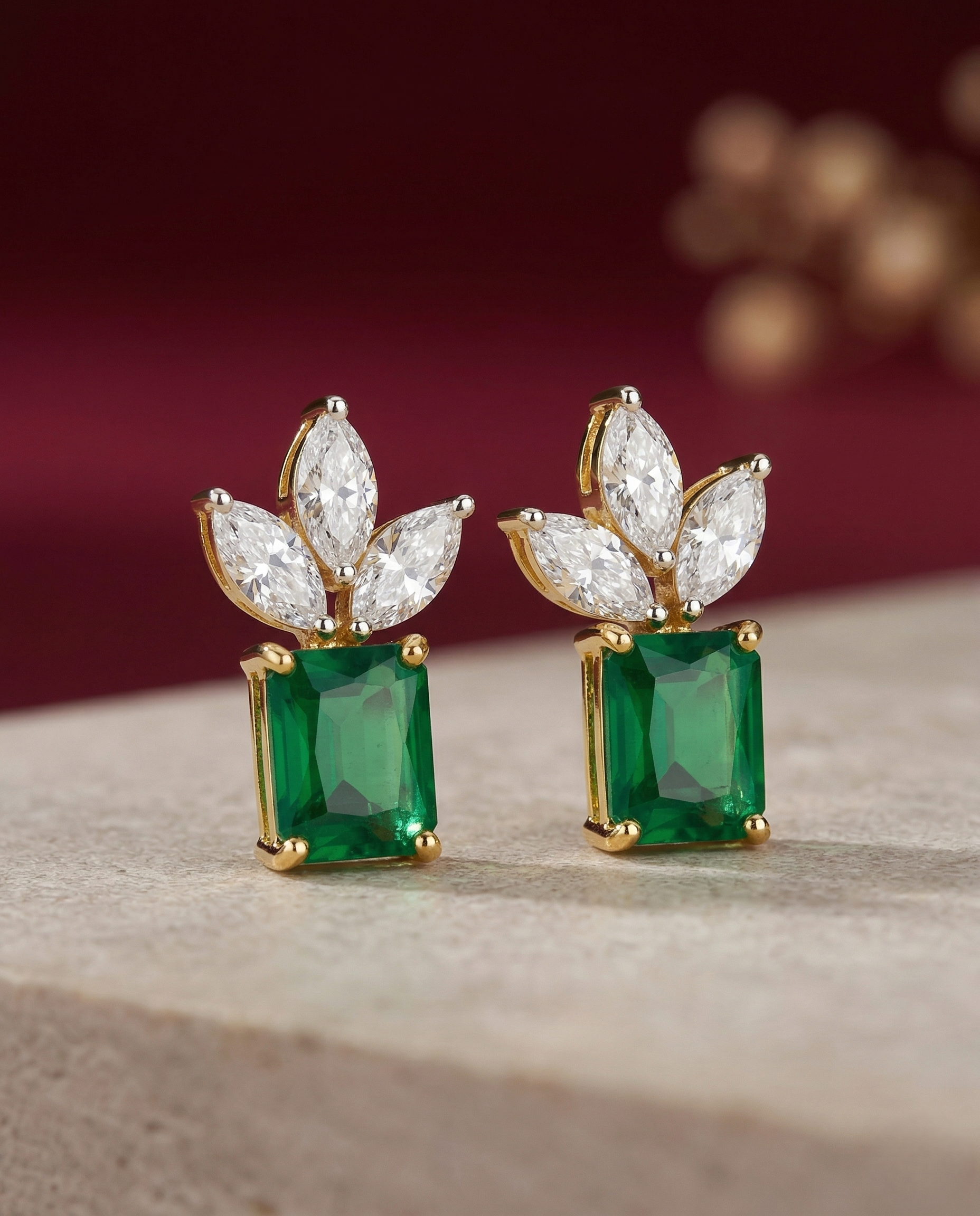 Premium Regalia Prism Studs – Gold Polish Emerald Cut Diamond Earrings (Multi Color)