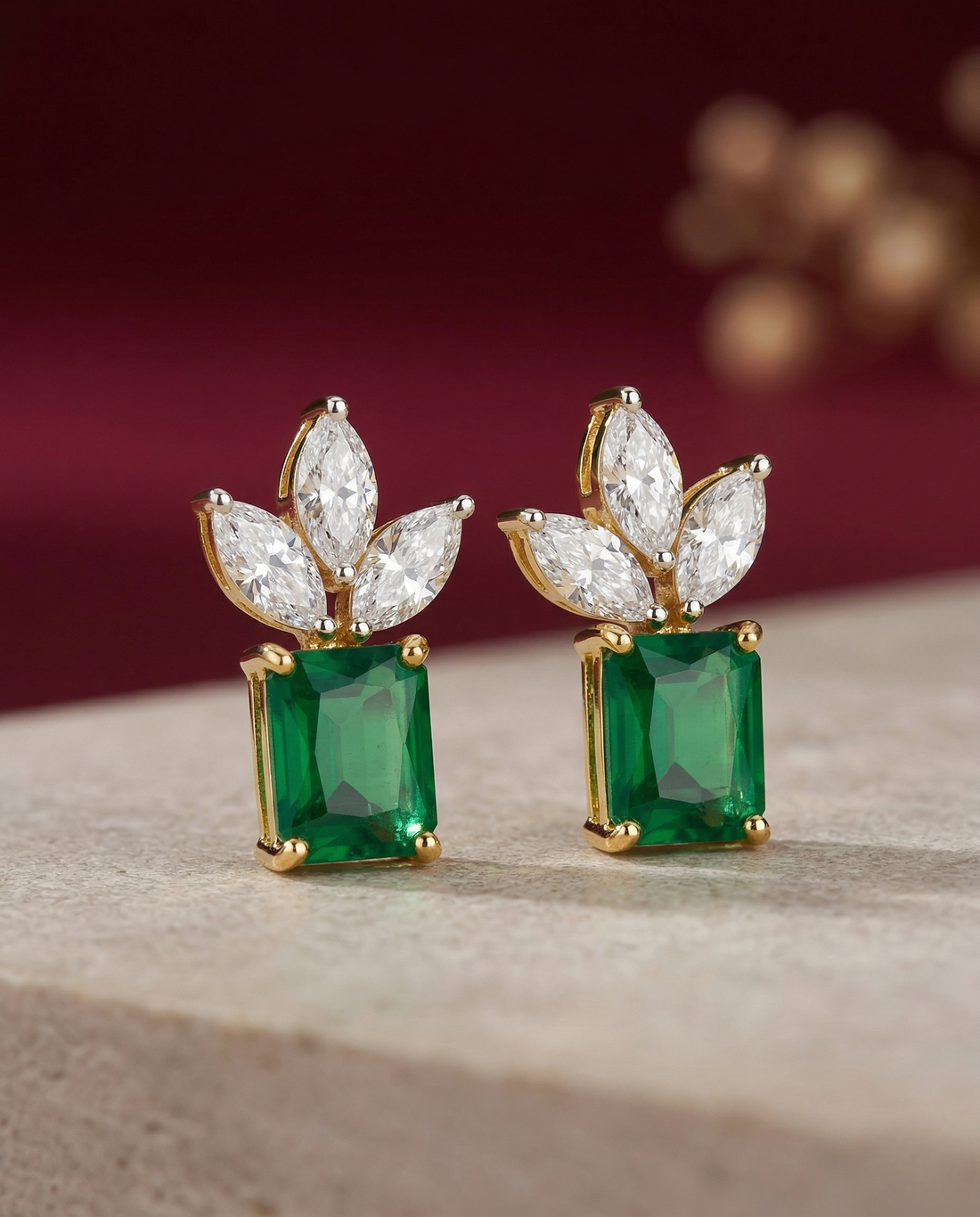Premium Regalia Prism Studs – Gold Polish Emerald Cut Diamond Earrings (Multi Color)