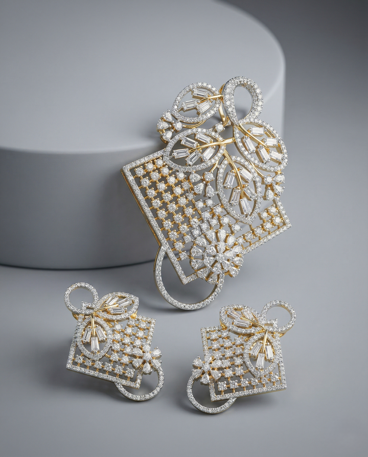 Premium Geometric Floral Crystal Pendant Set in Gold Plated Finish