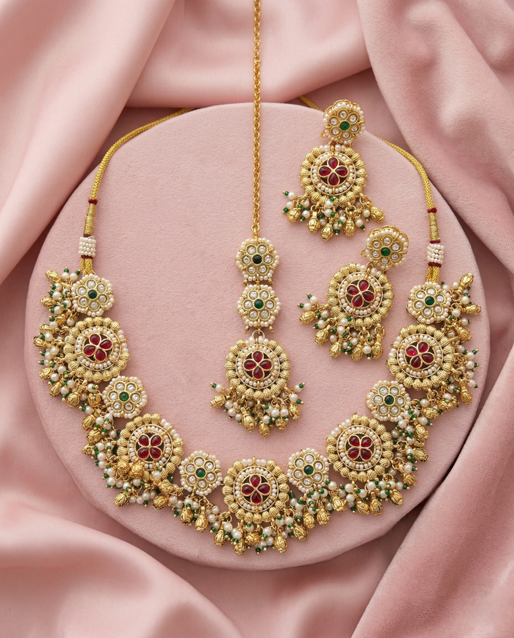 Premium Antique Finish Gold Plated Floral Heritage Necklace Set with Dual Color Variations