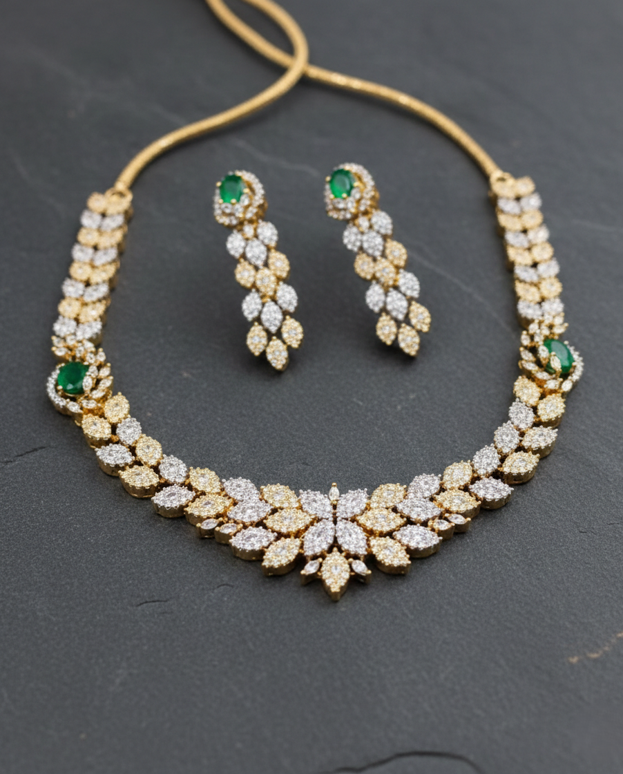 Leaf Design Diamond Necklace Set with Green Stone Accents – Gold Polish