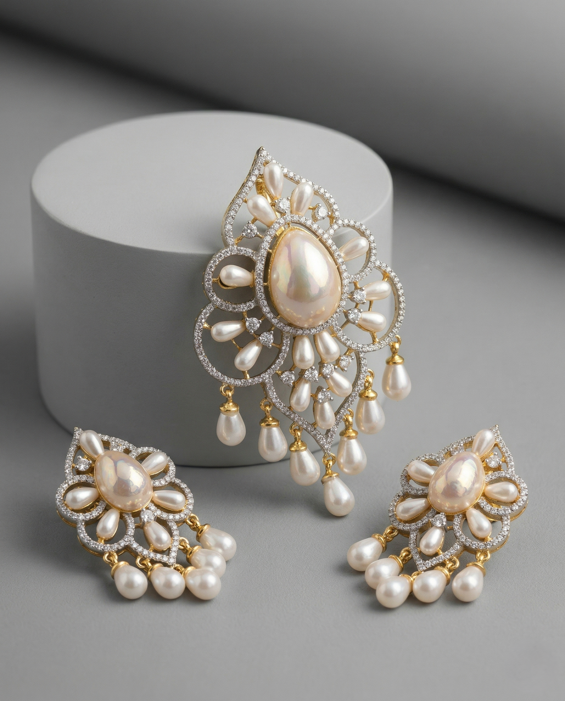 Diamond Look Pearl Floral Pendant Set with Earrings | Premium Imitation Jewellery