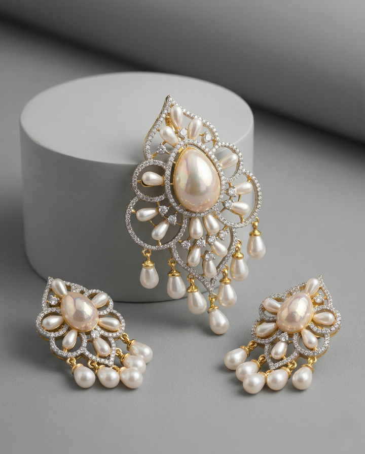 Diamond Look Pearl Floral Pendant Set with Earrings | Premium Imitation Jewellery
