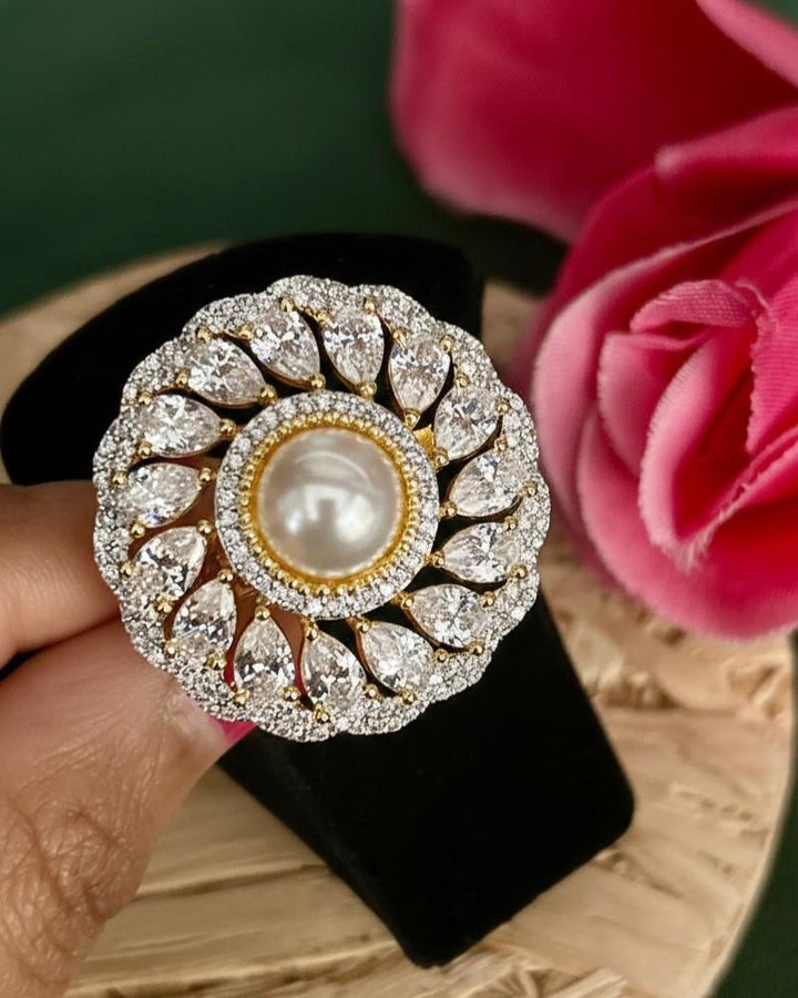 Pearl Halo Diamond Finish Adjustable Ring for Women
