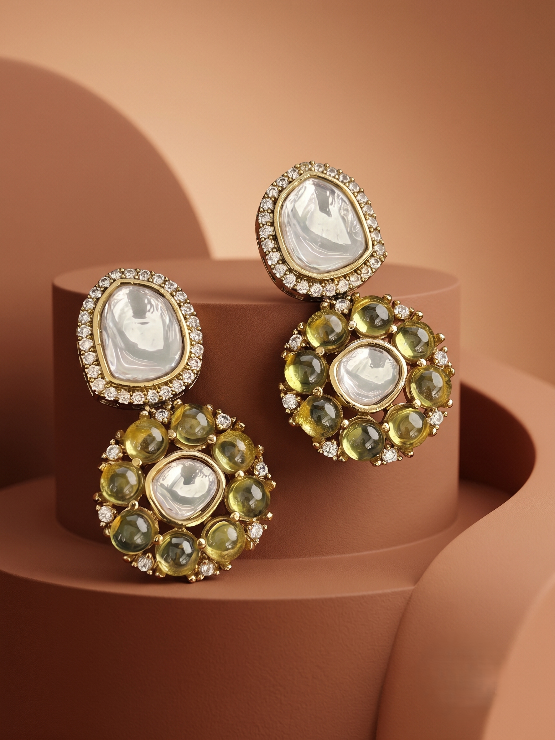 Polki & Cat Eye Stone Drop Earrings with Halo Setting (2 Color Variants) in Gold Finish