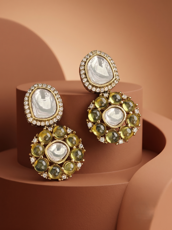 Polki & Cat Eye Stone Drop Earrings with Halo Setting (2 Color Variants) in Gold Finish