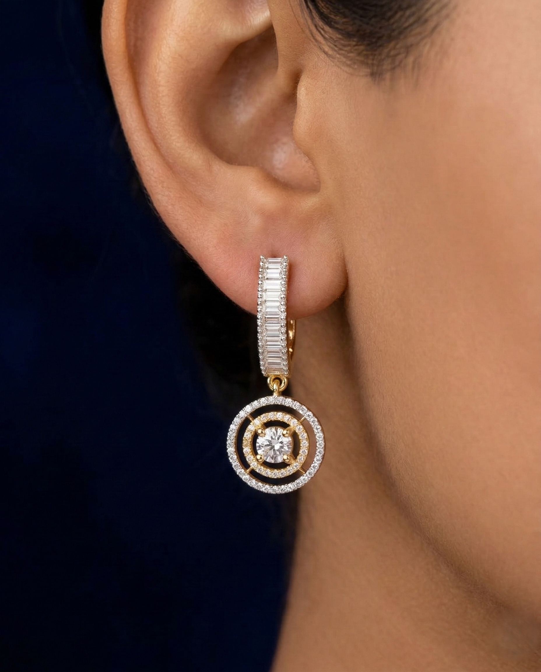 Designer CZ Baguette Drop Earrings – Gold & Silver Finish