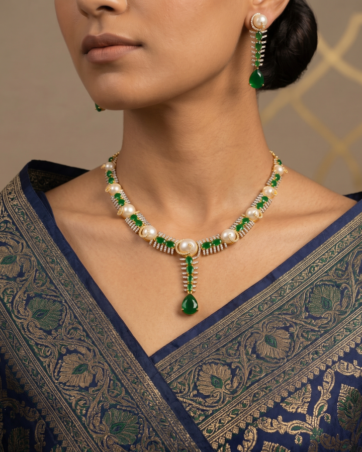 Green Stone & Pearl Diamond Necklace Set with Earrings – Gold Polish
