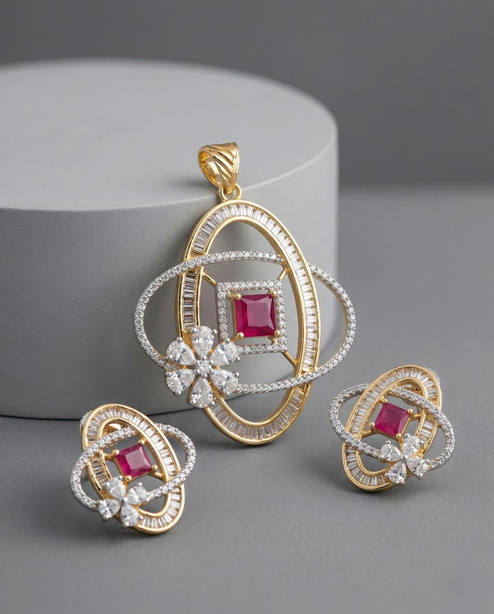 Premium Ruby Crystal Floral Orbit Pendant Set in Gold Plated Finish