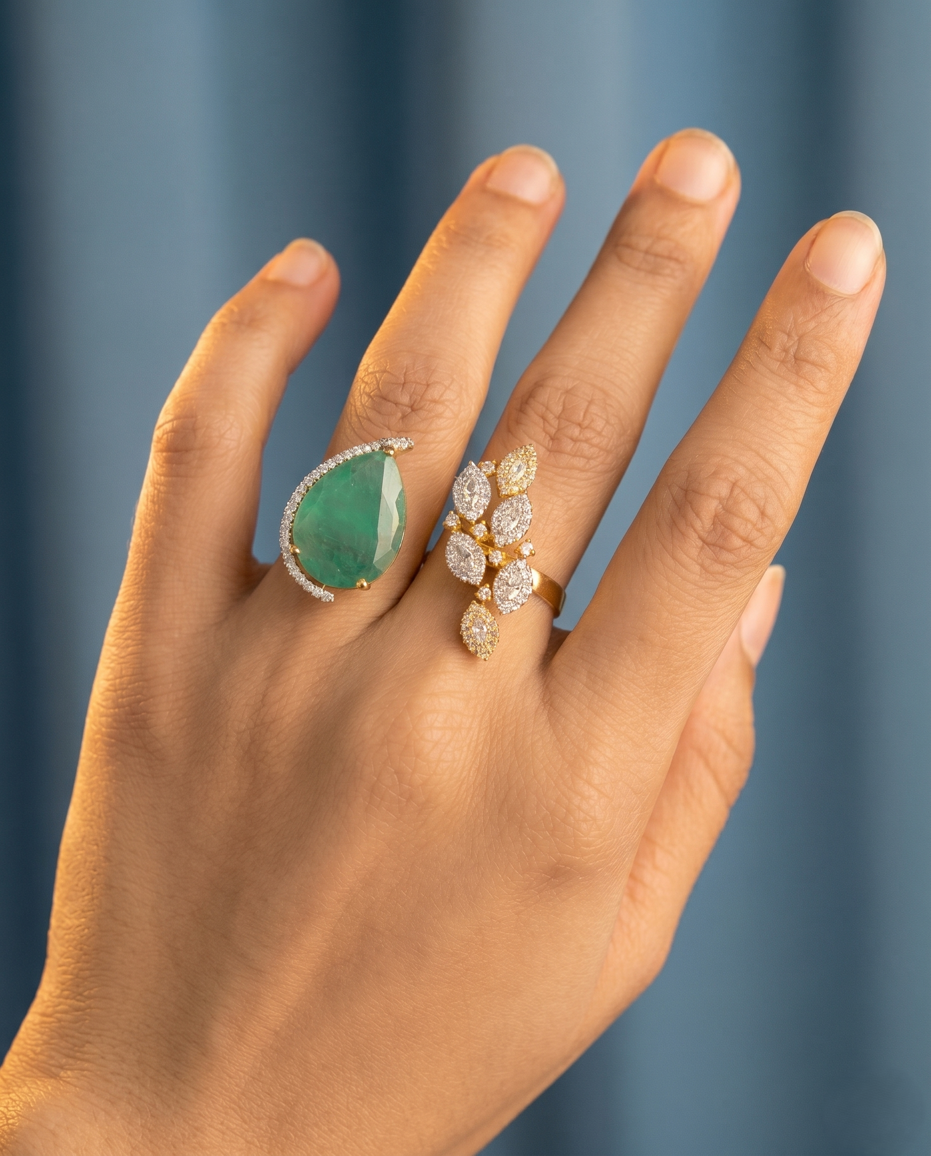 Dual Elegance Adjustable Ring – Statement Stone & Diamond Cluster | Fit for All Fingers