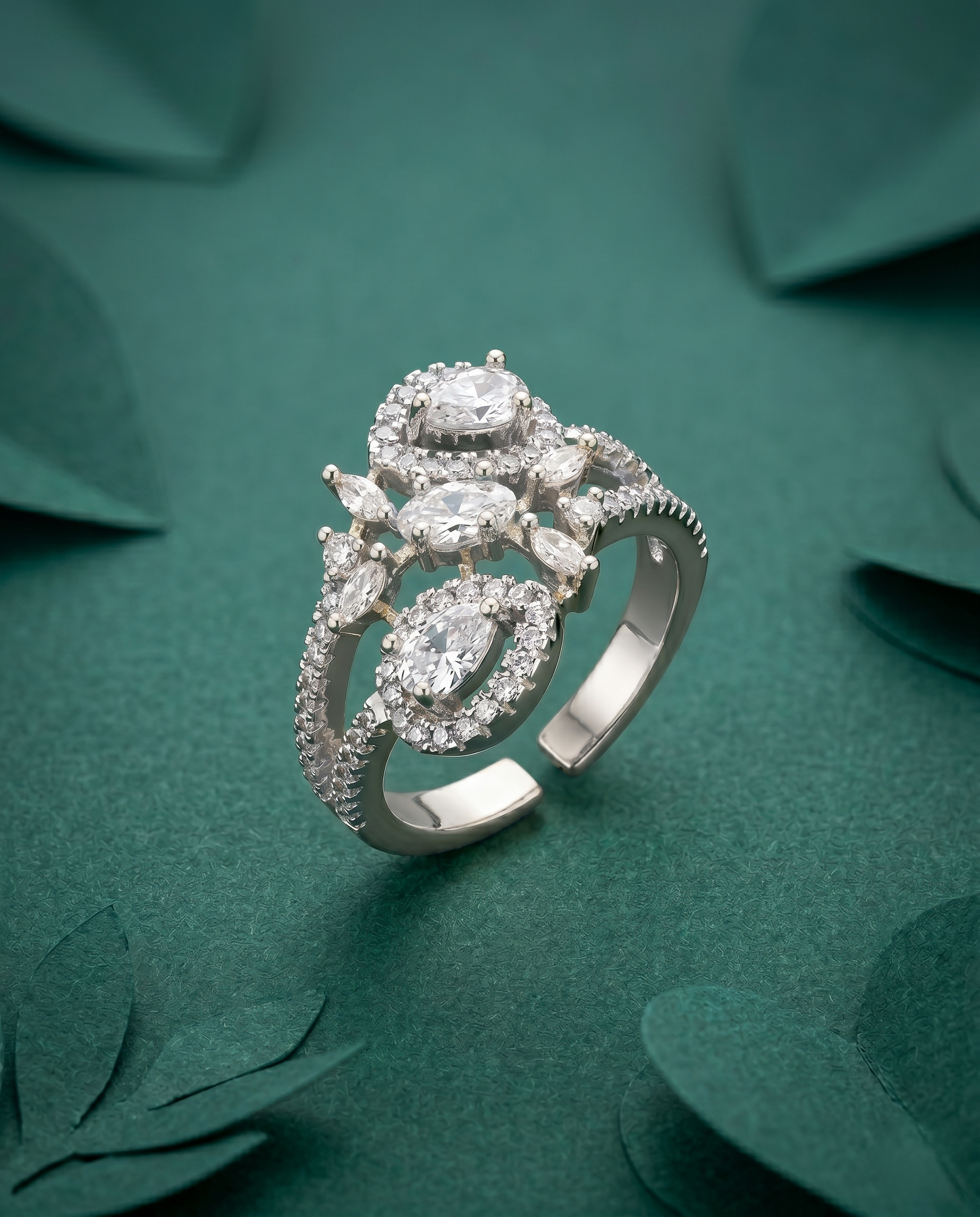 Tri Stone Diamond Look Ring Silver Plated Adjustable – White Stone