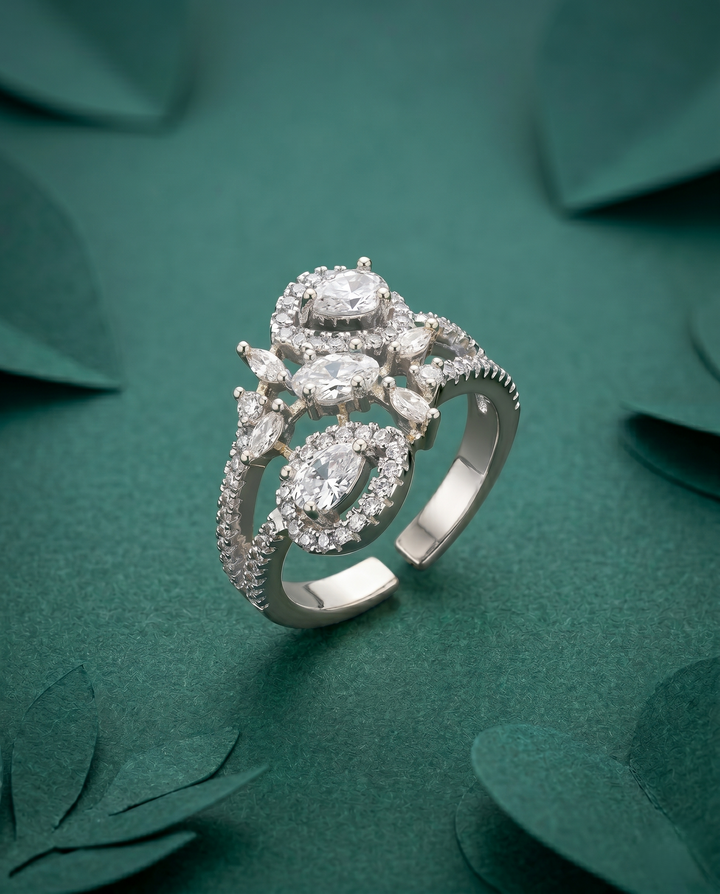 Tri Stone Diamond Look Ring Silver Plated Adjustable – White Stone