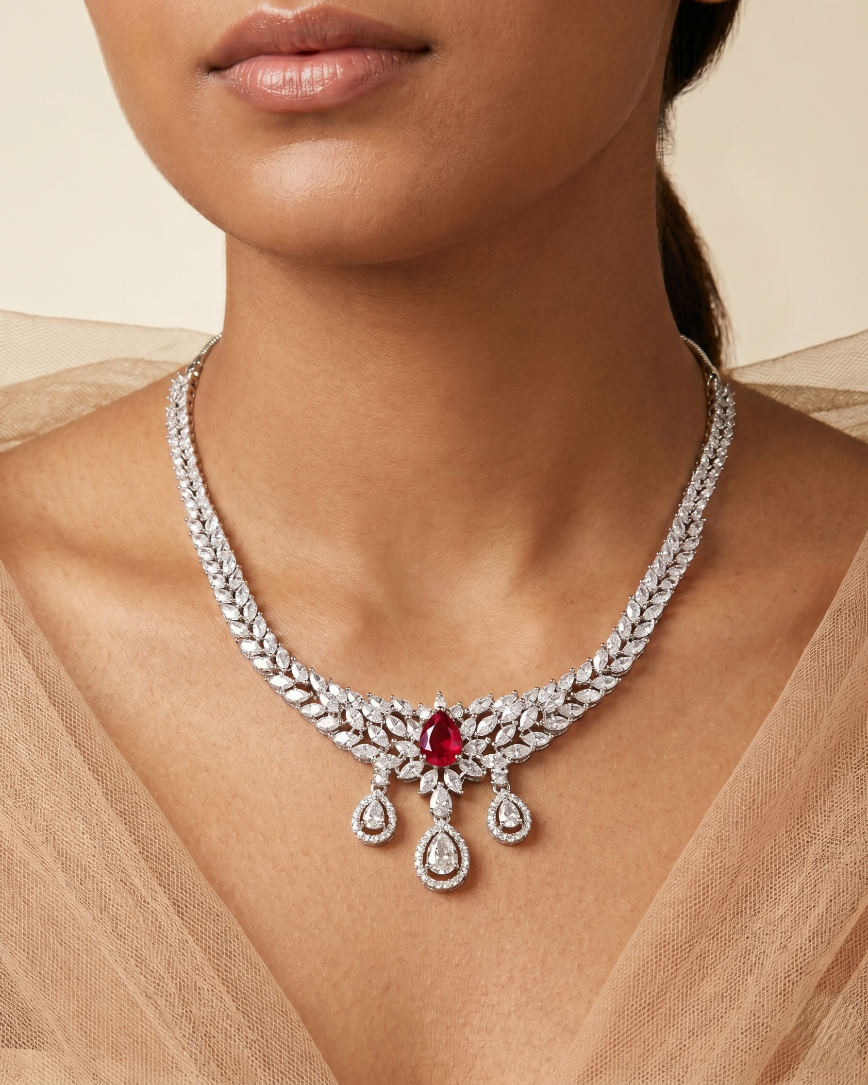 Red Stone Diamond Necklace Set with Matching Earrings – Silver Finish
