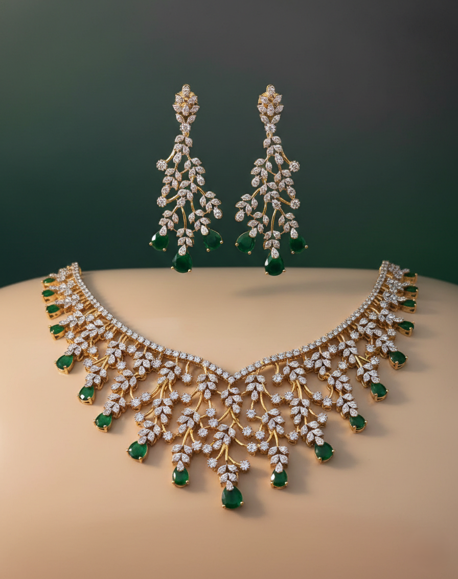 Gold Polish American Diamond Green Stone Leaf Design Necklace Set