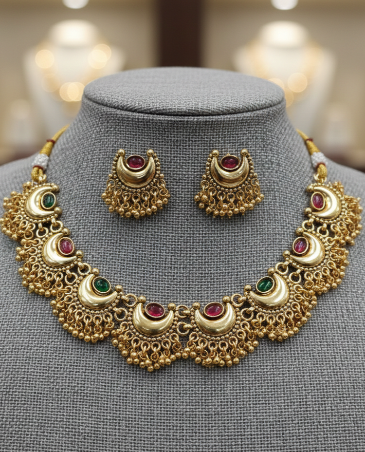 Traditional Gold Finish Crescent Necklace Set with Green & Pink Stones