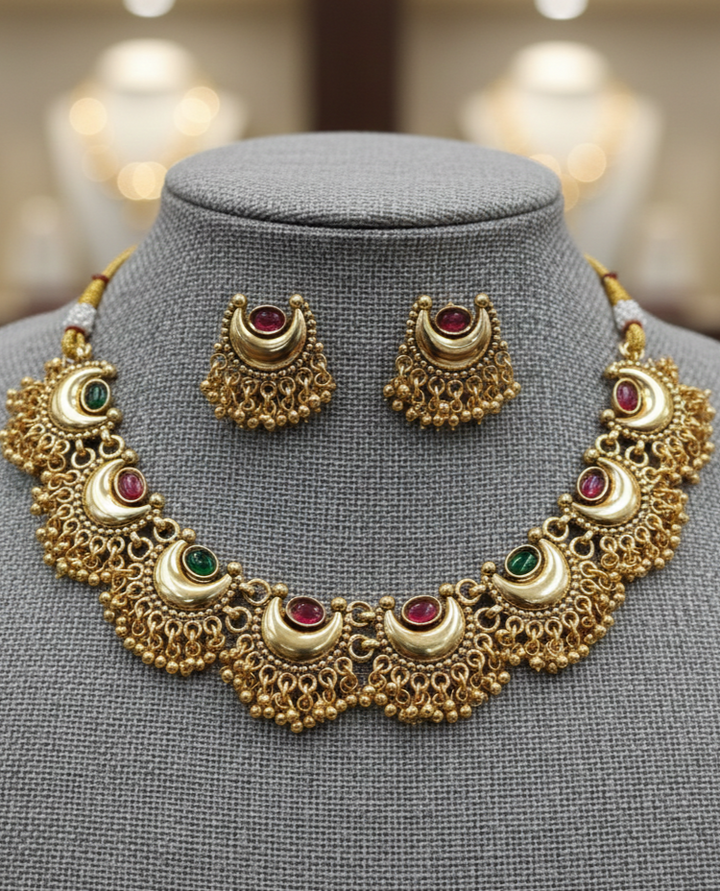 Traditional Gold Finish Crescent Necklace Set with Green & Pink Stones