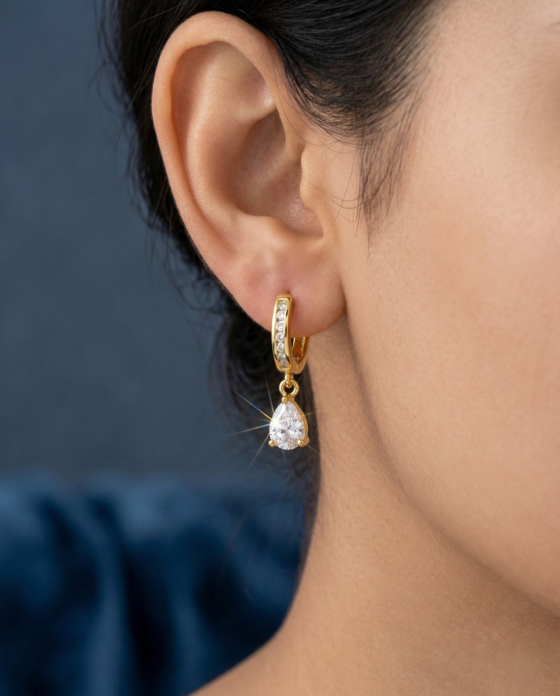 Minimal CZ Pear Drop Hoop Earrings – Gold & Silver Finish