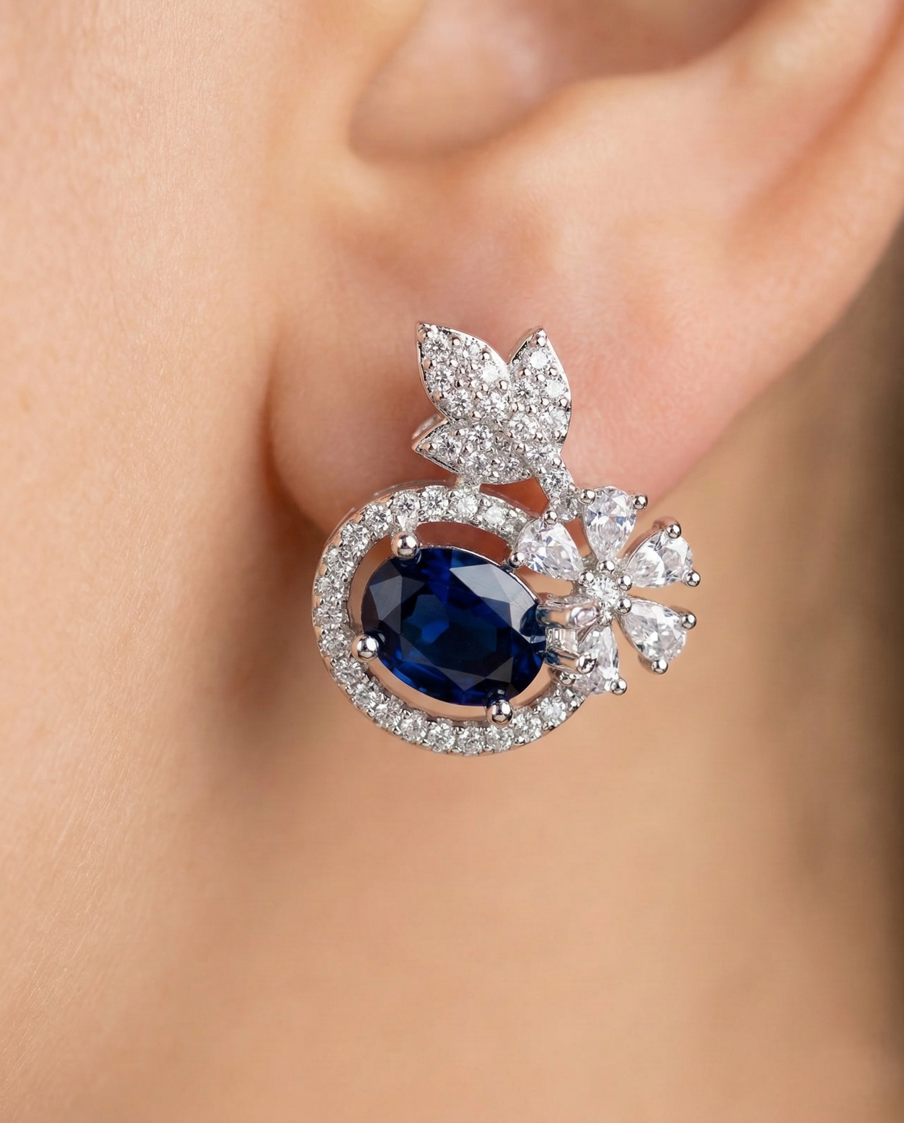 Butterfly Floral CZ Designer Stud Earrings – Silver Finish | 10 Colour Variants