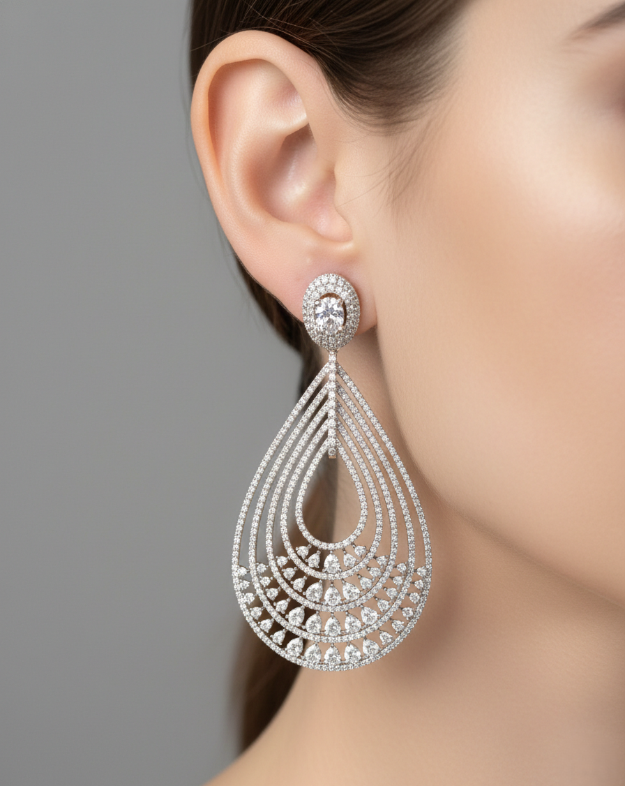 Layered Teardrop AD Drop Earrings for Women – Gold & Silver Finish