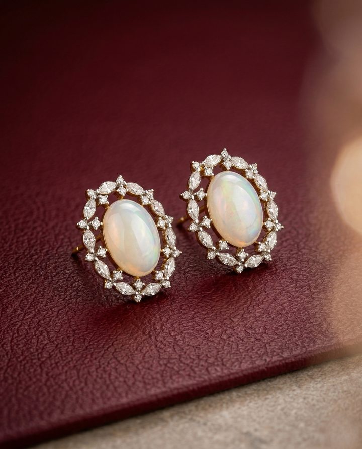 Premium Pearl Halo Luxe Studs – Gold Polish Oval Pearl Diamond Earrings