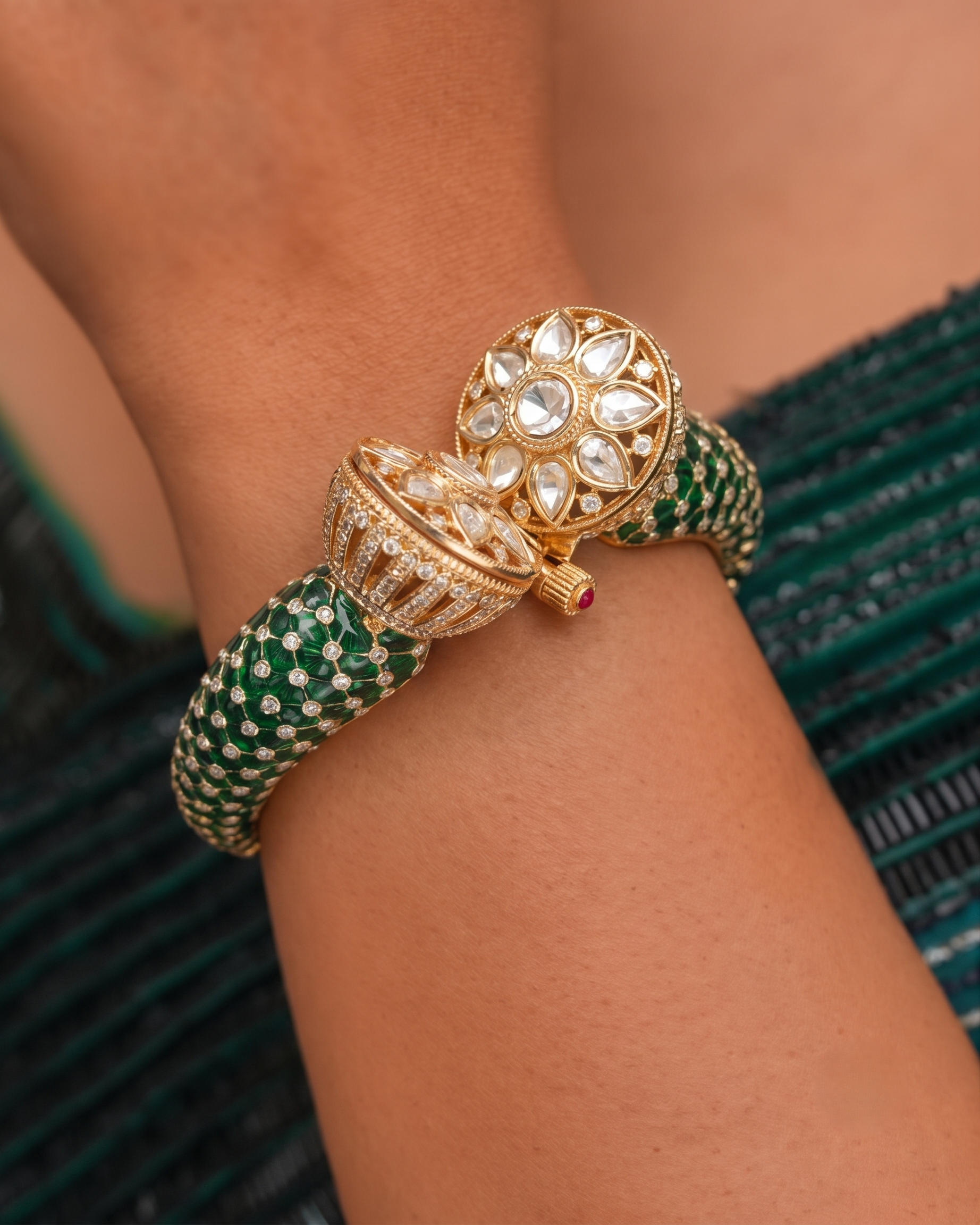 Royal Kundan Floral Openable Gold Plated Bracelet in Blue, Green & Ruby Finish