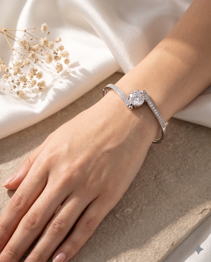 Minimal Openable Round Diamond Bracelet for Women | Gold & Silver Polish American Diamond Kada | Size 2.4 & 2.6