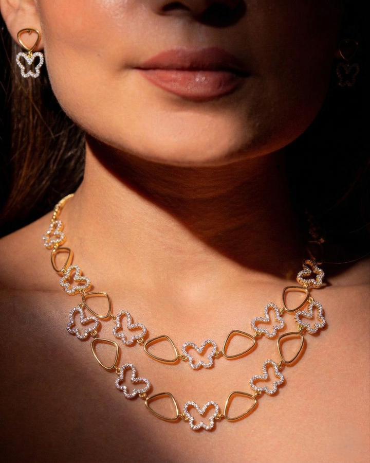 Butterfly Frame Sparkle Necklace Set with Golden Finish