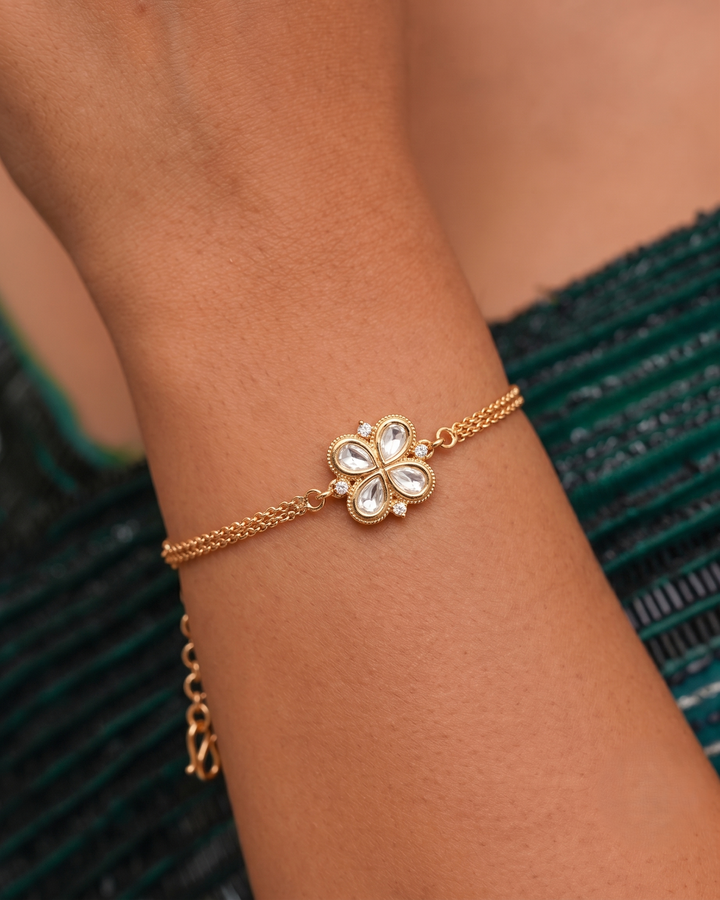 Kundan Floral Bracelet CZ – Adjustable Gold Finish