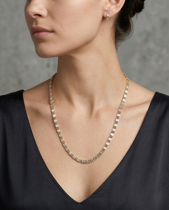 Two Tone Bar Link Chain Necklace | Silver Rectangular Link Gold Bead Long Chain for Women